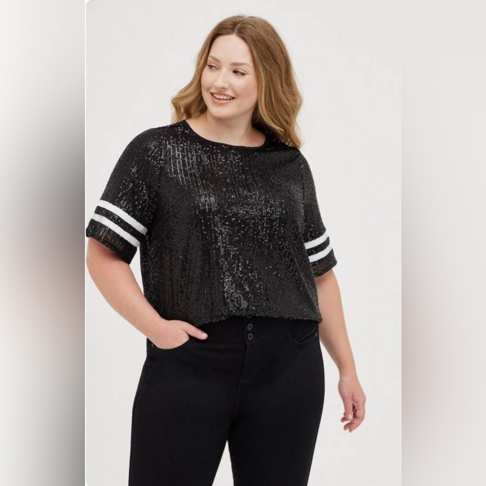 Torrid Black Sequin Blouse with White Stripes